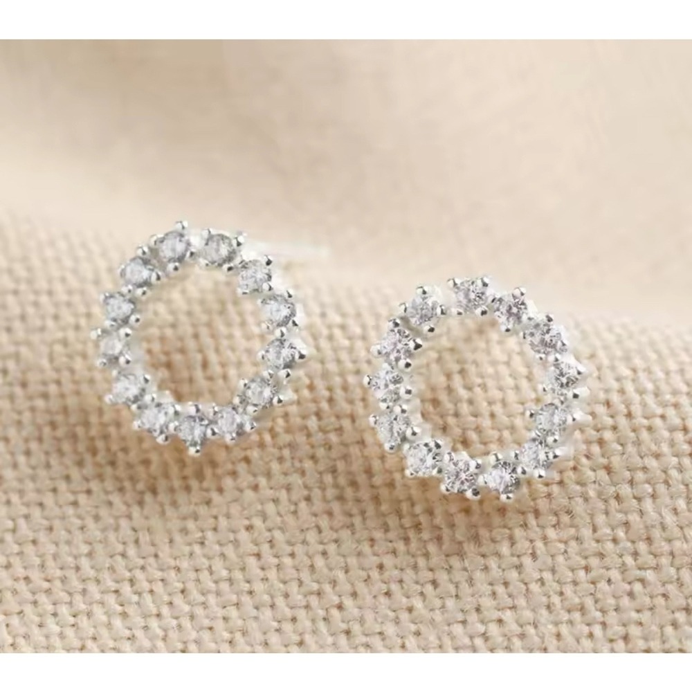 Circle Stud Earrings Silver Tone Rhinestone Halo‎ Minimalist Jewelry